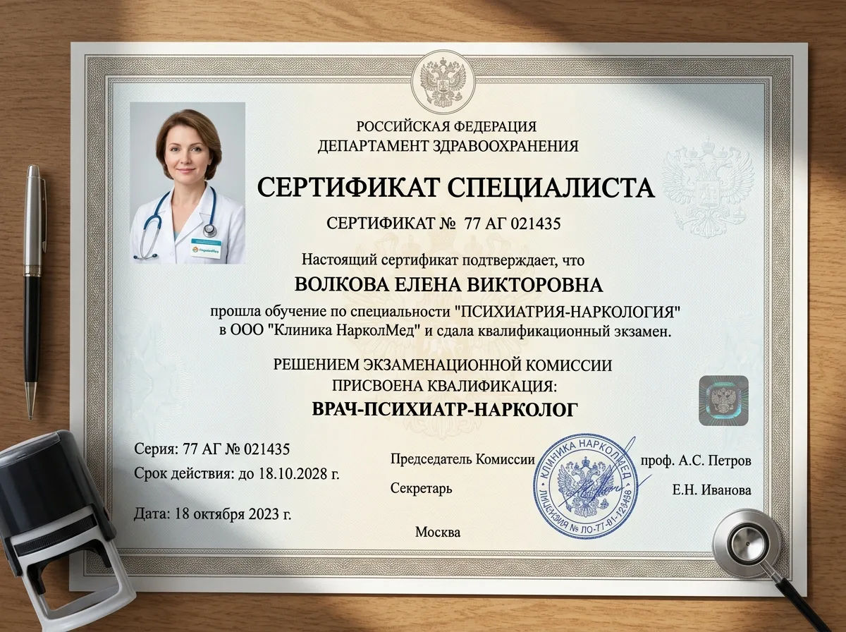 Сертификат специалиста врача-нарколога клиники НарколМед, официальный медицинский документ о квалификации